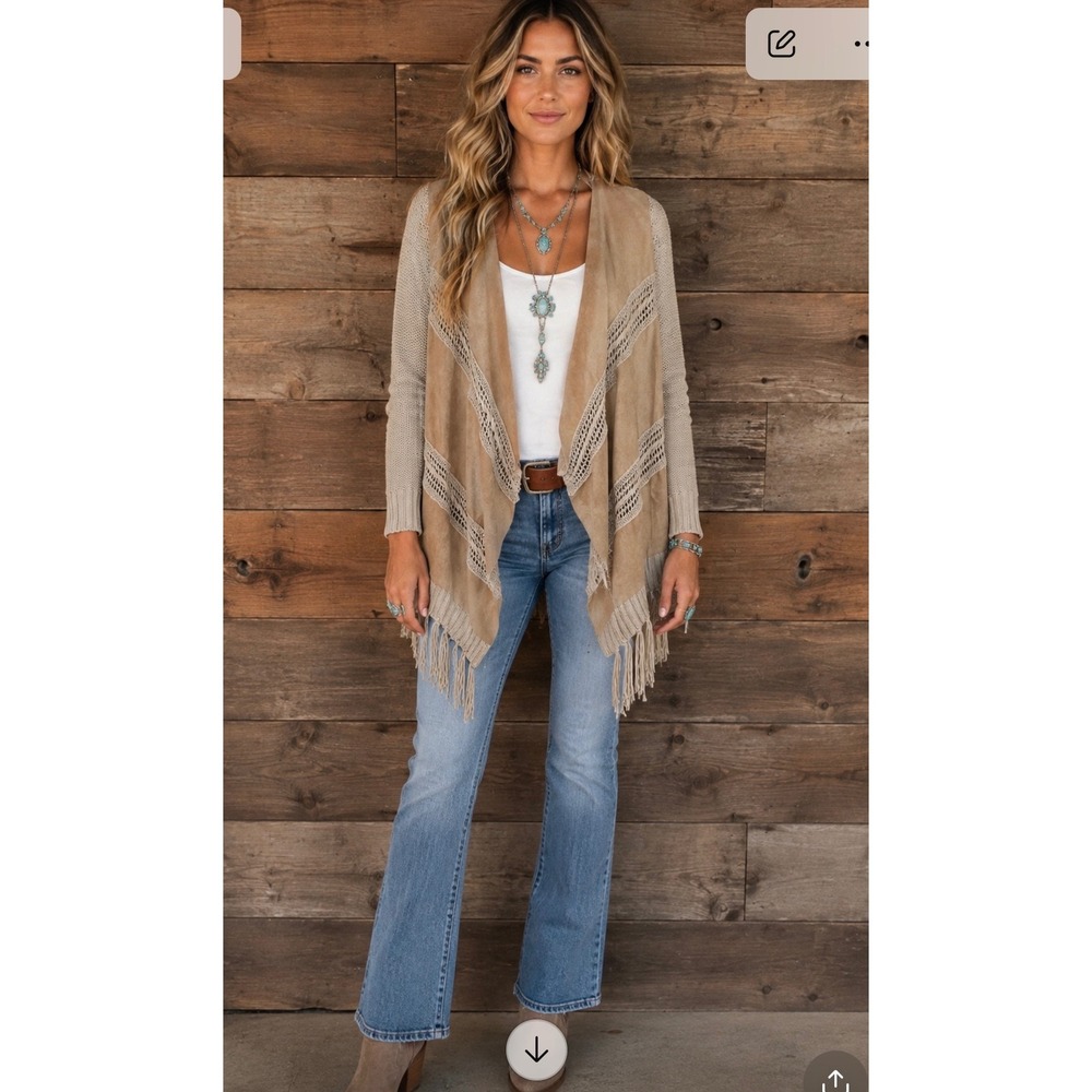 INC International Concepts Faux Suede Fringe Cardigan Tan Beige Pointelle Knit M
